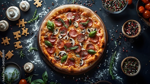 An ultrarealistic photograph of a pizza with various ingredients on top, such as pepperoni and mushrooms, arranged in a circular shape on a black background.