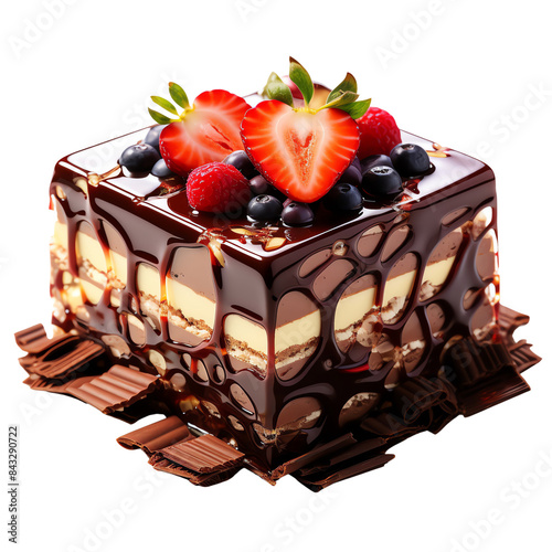 Delicious chocolate layered cake topped with fresh strawberries, raspberries, and blueberries, perfect for dessert lovers, isolated on transparent background cutout