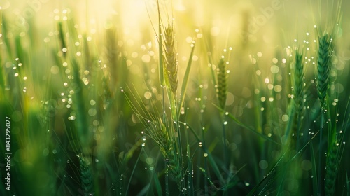 A close-up view of a dewy meadow, where the grass blades shimmer like tiny emeralds, capturing the essence of a fresh and vibrant morning.
