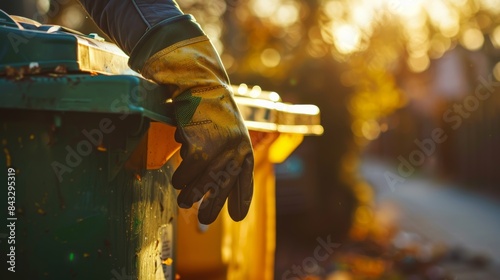 A detailed close-up of a garbage collector's hand, encased in calloused gloves, gently placing a recycling bin back on the curb, bathed in the golden light of the morning.