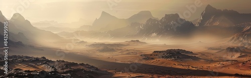 Exploring Mars, foggy desert, rocky outcrops, reddish tint, dense mist, surreal and alien landscape