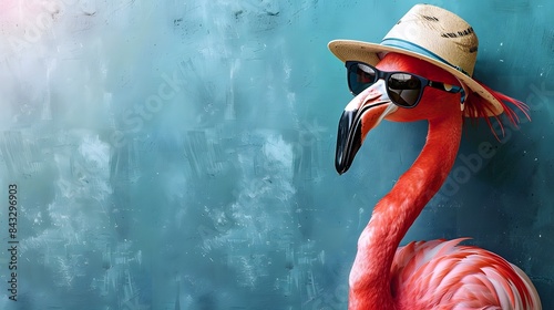 A flamingo wearing sunglasses and a hat 