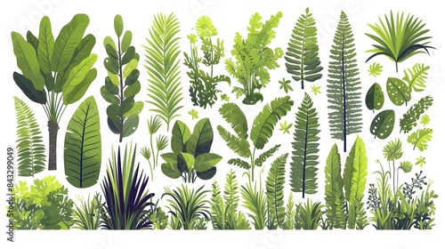 A vibrant collection of various green tropical leaves and plants, featuring ferns, palms, and exotic foliage.