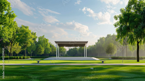 A park with a pavilion and a bench