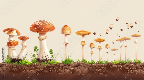 Detailed illustration of mushroom lifecycle in soil, from spore germination to full growth, scientific accuracy, earthy tones