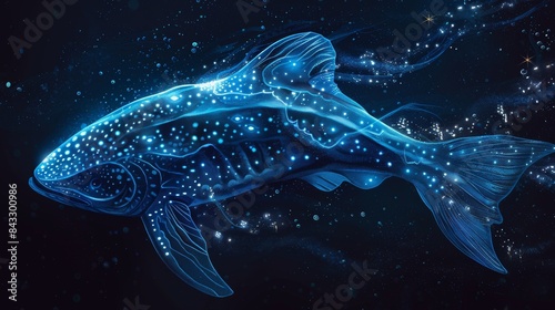Deep-sea creature illustration, detailed scales, bioluminescent spots, emerging from darkness, realistic anatomy, oceanic background