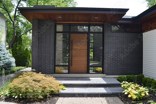 Contemporary sleek front entrance door in mahogany with vertical metal accents and clear glass sidelites, framed by contemporary black brick facade on a sunny day