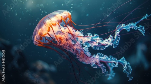 A jellyfish is swimming in the ocean