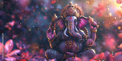 animated depiction of Lord Ganesha, a Hindu deity, surrounded by a colorful and vibrant background.
