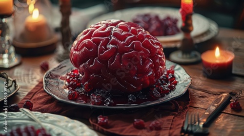 Zombie brain jello with creepy realistic texture, Halloween banquet table, dim candlelight, horror illustration, high contrast, detailed and chilling