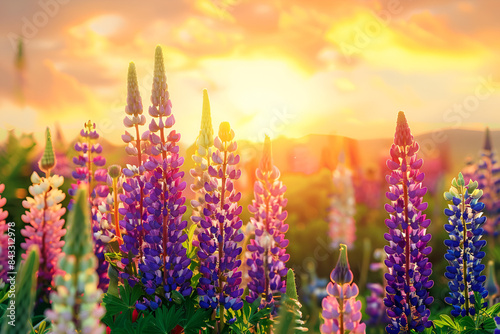 Field Of Colorful lupin Flowers With aGorgeous