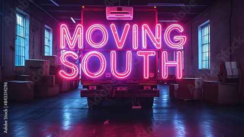 “MOVING SOUTH” sign - moving truck - relocation - moving to the southeast - migration - lower cost of living - political polarization 