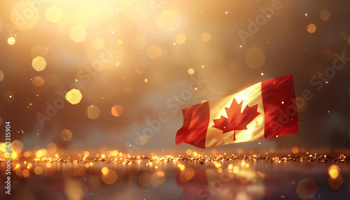 Happy Canada Day with the national flag as background. Soft yellow light adds a festive and joyful atmosphere.