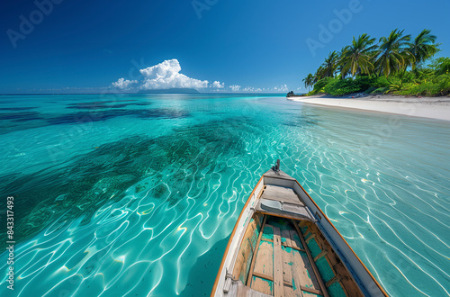 青い海と白い砂浜、太陽の光が降り注ぐ美しい熱帯のビーチを進むボート 