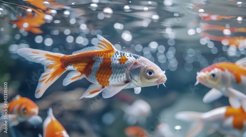 Koi fish swimming in aquarium with air bubbles