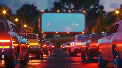 American drive-in with cars lined up in front of an outdoor cinema screen