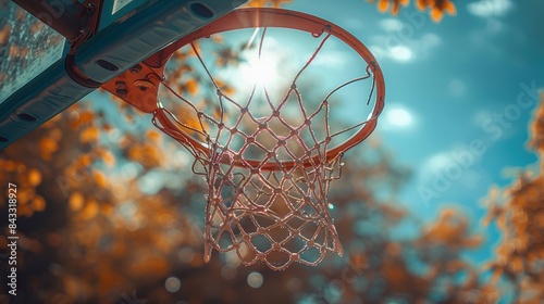 Basketball hoop with a net, viewed from below, with the background of the sky and autumn leaves. Capturing sports energy and outdoor activity.