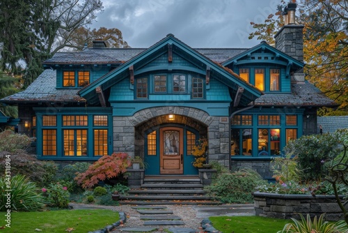 A craftsman arts and crafts home with a unique turquoise exterior, featuring a handcrafted stained glass transom window above the front door.