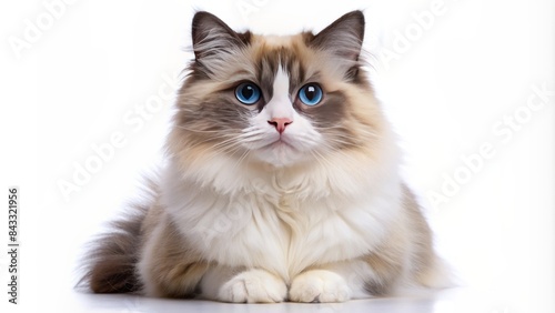 Adorable ragdoll cat with soft, fluffy fur and endearing facial expression, isolated on a transparent background, showcasing its serene and innocent nature.