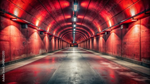 Dimly lit empty underground tunnel with red walls, concrete floor, and bright ceiling lights, eerie atmosphere, and a sense of desolation and isolation.