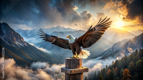 A majestic eagle mascot with outstretched wings perched atop a wooden podium, symbolizing strength and freedom in a deserted, foggy, misty mountainous backdrop.