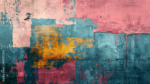 Grainy abstract grunge texture with vibrant pink, blue, and yellow paint splatters on a weathered wall, creating a colorful and artistic background.