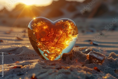 An amber heart nestled in the sands of an ancient desert, kissed by the light of the setting sun.