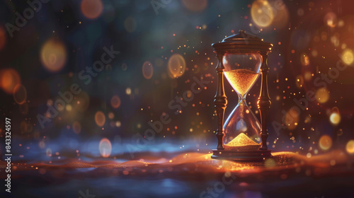 Surreal illustration of an hourglass with glowing sand, symbolizing the passage of time and mystery on blurred background with bokeh lights
