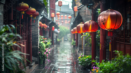 A narrow street with red brick buildings and red lanterns hanging from the roof. The street is wet from the rain
