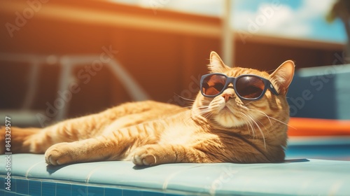 A cat lounging on a pool float, wearing sunglasses, and looking relaxed