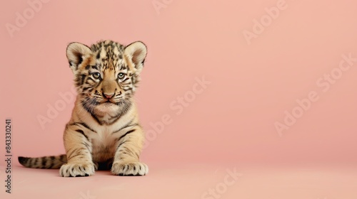 A cute Cub sitting on a solid color background with space above for text