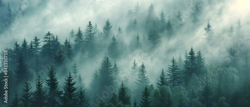 A forest with trees covered in mist. The trees are tall and green, and the mist gives the forest a mysterious and serene atmosphere