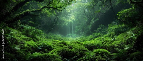 A lush green forest with a lot of trees and plants. The forest is very dense and full of life