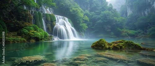 A beautiful waterfall is surrounded by lush green trees and a calm lake
