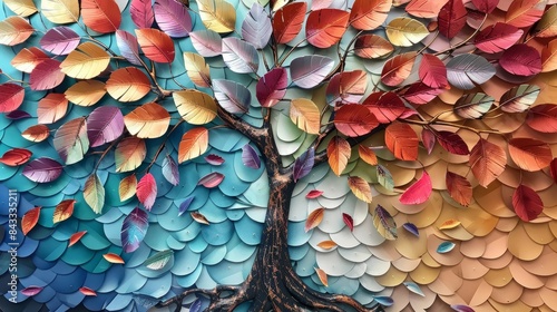 A 3D mural showcasing a tree with vibrant, multicolored leaves, creating an eye-catching piece of wall art decor for any home