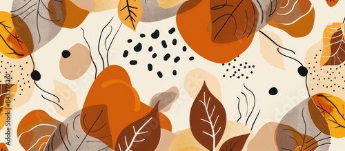 Flat illustration of autumn pattern with leaves and abstract shapes in earth, brown, beige, black and orange colors