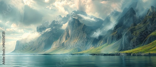 A beautiful mountain range with a body of water in the foreground
