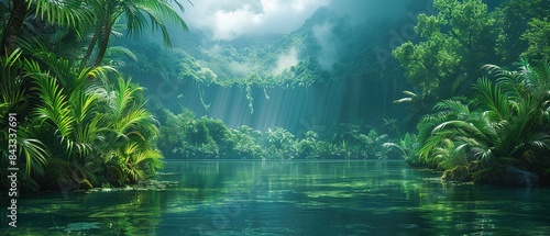 A lush green jungle with a river running through it