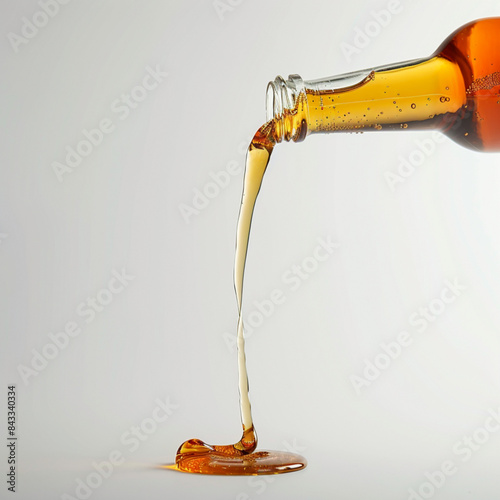 a full view of a bottle of corn syrup being poured out against a blank background