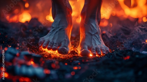 Detailed view of bare feet walking on burning hot coals, with a dark background highlighting the fiery coals and heat waves