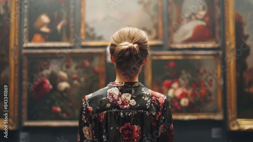 Back view of a woman in classical art gallery. Lady looking at old paintings in museum