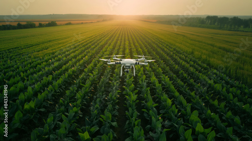 Drone Flying Over Green Crop Field at Sunset