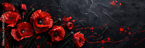 Red poppies and splashes of paint on a black banner, symbolizing remembrance and tribute for VE-Day or World War Remembrance Day.