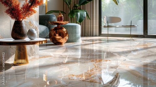 High-quality porcelain tiles, featuring a natural stone look with a rose gold marble design, under subtle, even lighting