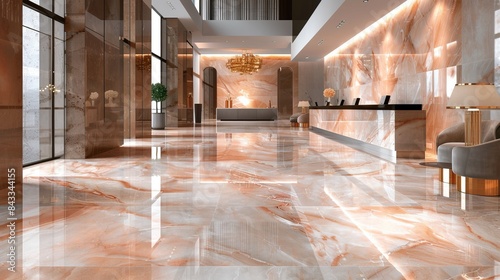 High-quality porcelain tiles, featuring a natural stone look with a rose gold marble design, under subtle, even lighting