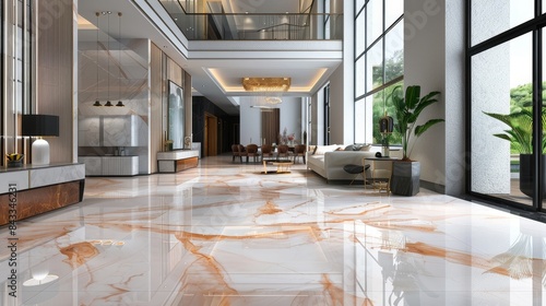 Polished porcelain floor tiles with a natural stone aesthetic, showcasing a rose gold marble pattern, set in a stylish environment