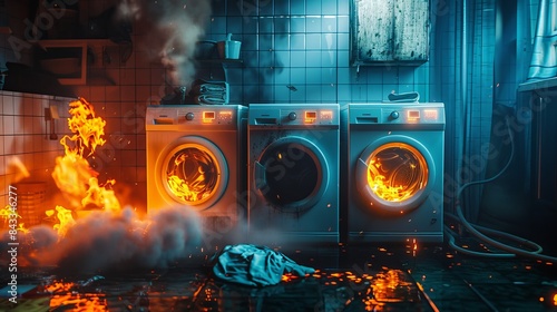Realistic fire scene with a clothing dryer and washing machine in a drying room, flames and smoke billowing