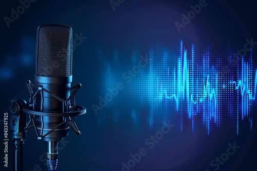 Professional microphone with digital audio waveform on a blue background banner, ideal for podcasting or music studio concepts