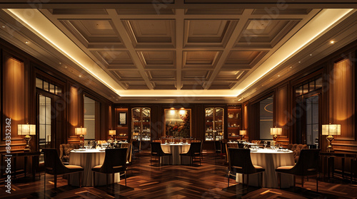 A sophisticated dining space with a coffered ceiling and soft, ambient lighting.