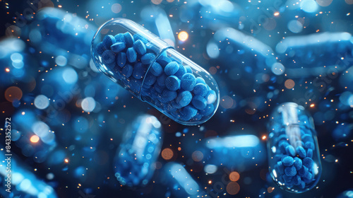 Blue medicine pill capsules falling elegantly against a blue background, representing antibiotics. The illustration underscores the critical role of antibiotics in healthcare